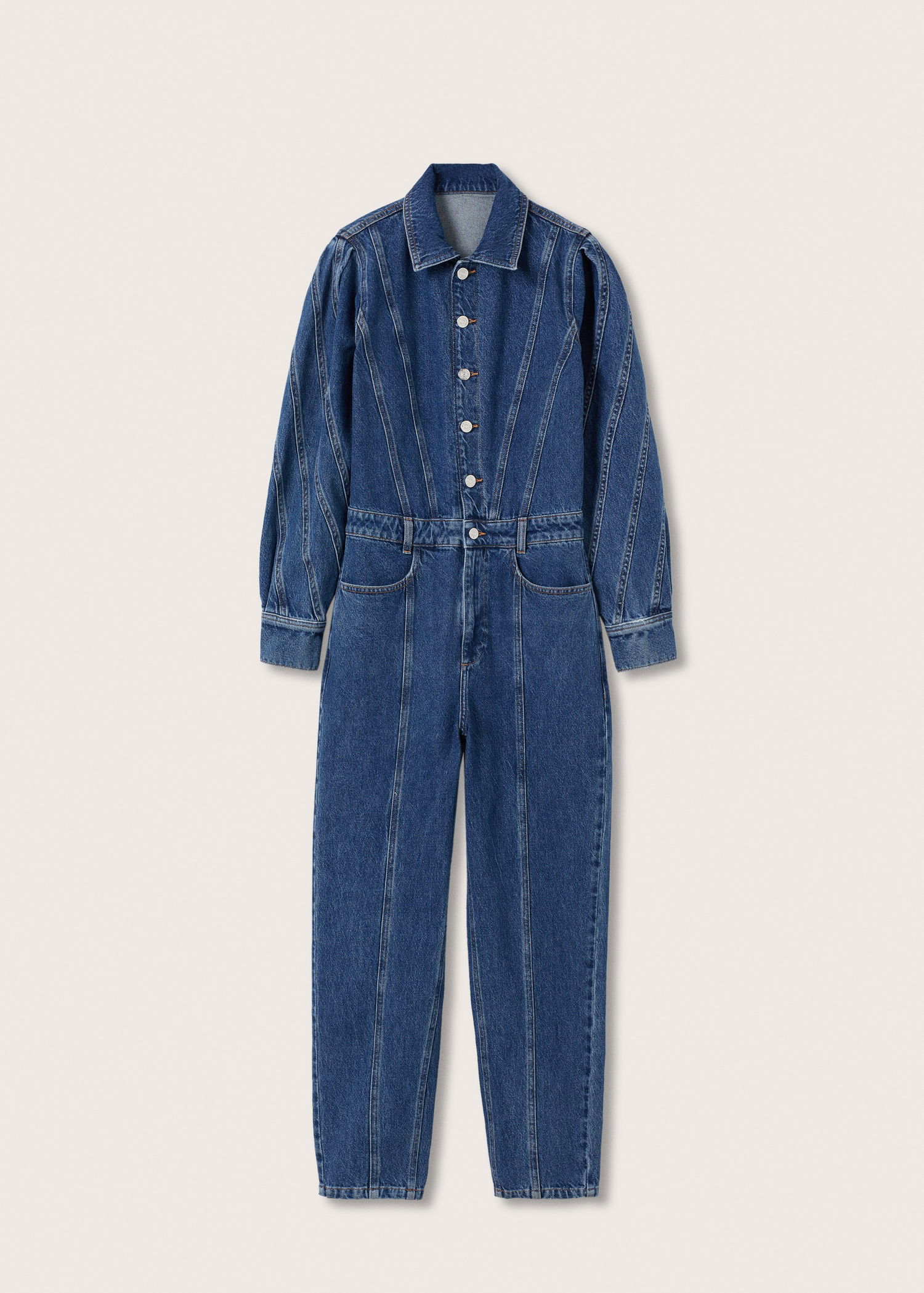 MANGO Denim Jumpsuit Puffed Sleeves in Dark Blue | Endource