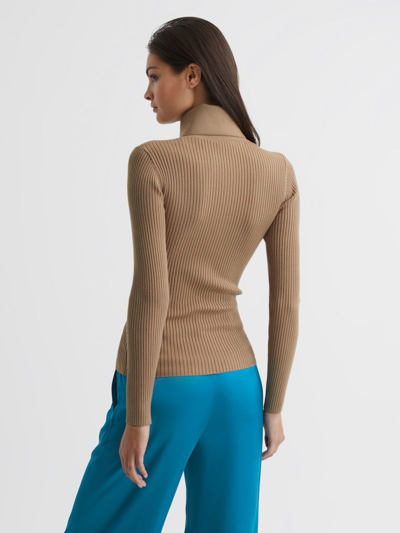 REISS Maia Button Collar Jumper Top in Camel Endource