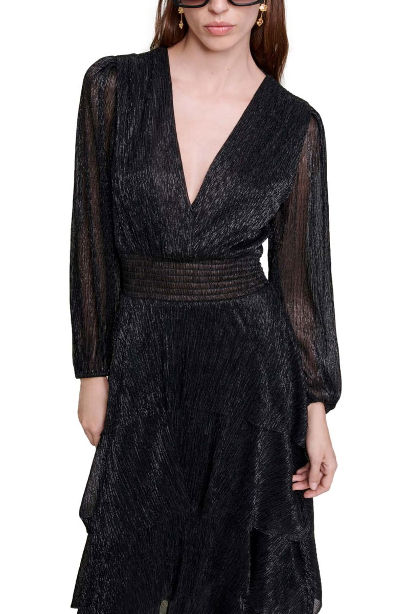 MAJE Stretchy Lamé Dress With Frills And Pleats endource