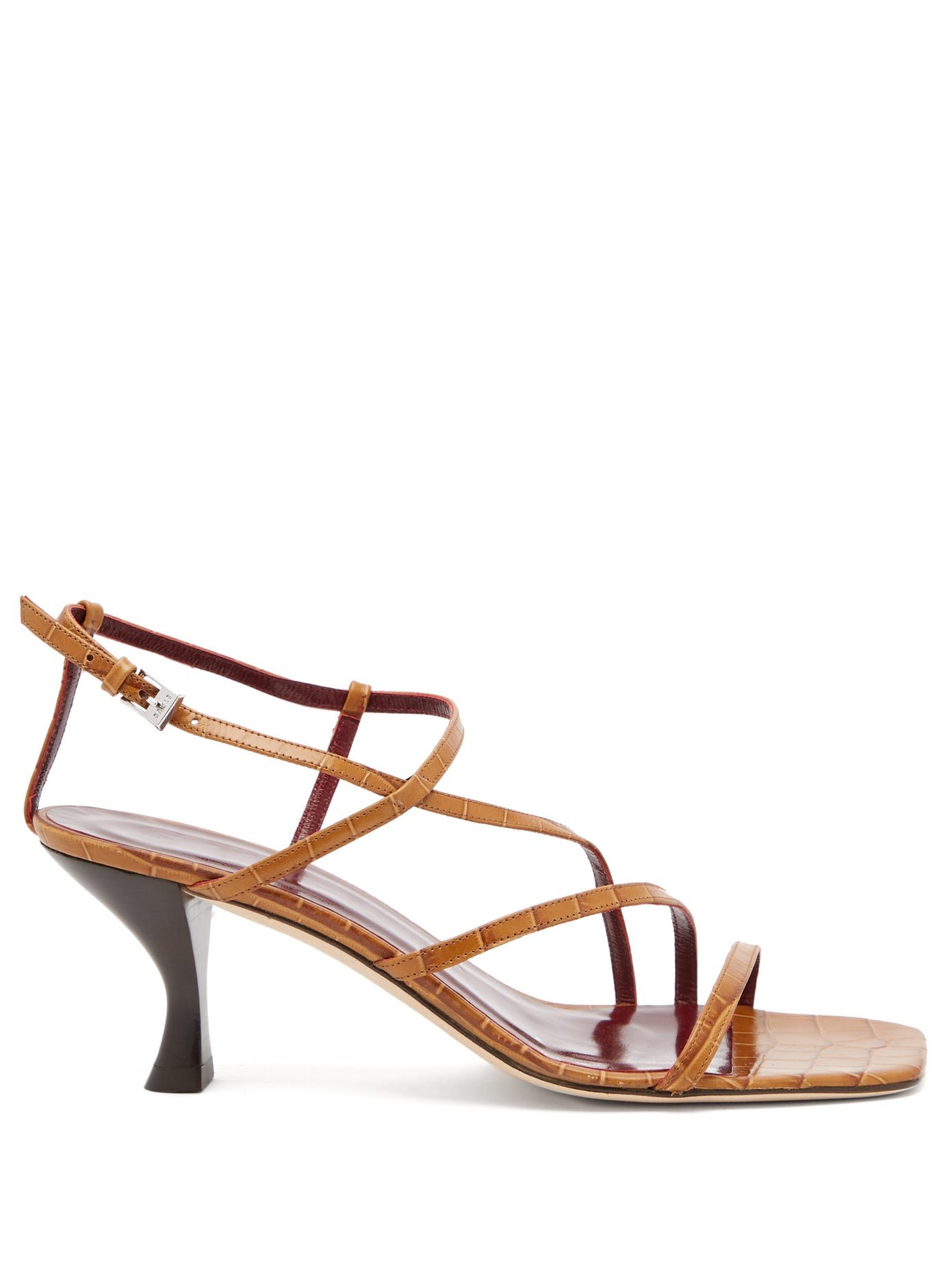 STAUD Gita Square-Toe Crocodile-Effect Leather Sandals in Brown | Endource