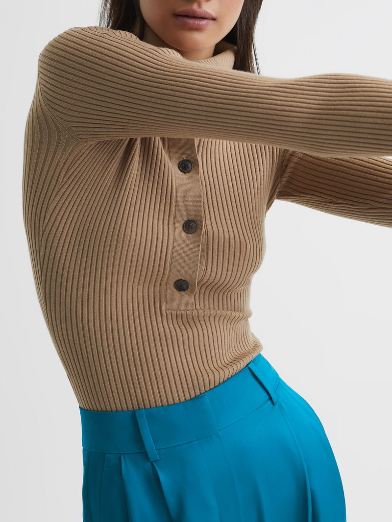 REISS Maia Button Collar Jumper Top in Camel Endource