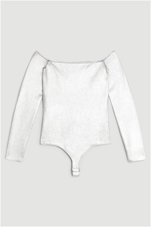KAREN MILLEN Body Contouring Bardot Knit Thong Bodysuit in Cream