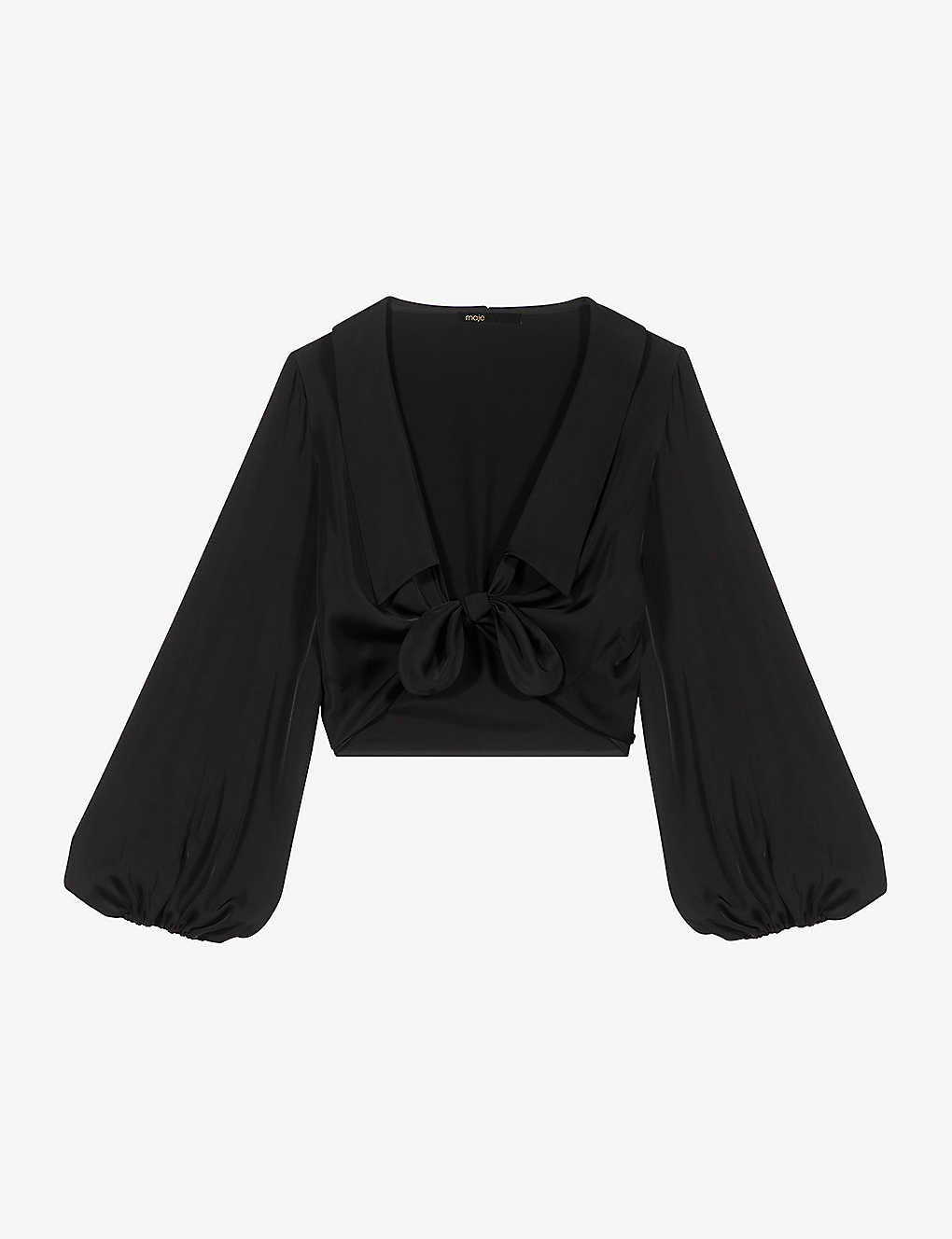 MAJE Ciblanca Sailor-Collar Tie-Front Satin Top in Noir / Gris | Endource