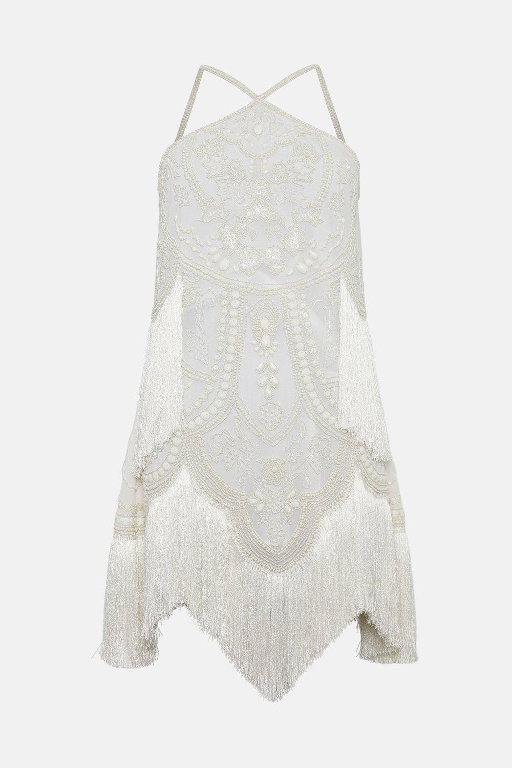 KAREN MILLEN Fringed Beaded Halter Mini Dress in Coral Endource