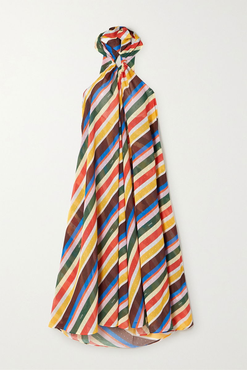 GANNI Striped Recycled Chiffon Halterneck Midi Dress | endource GANNI Striped Recycled Chiffon Halterneck Midi Dress | endource