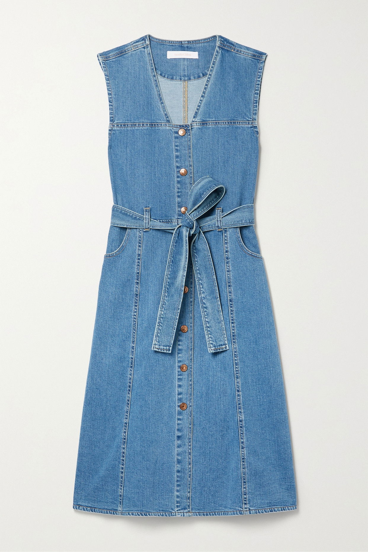 chloe denim dress frayed hem CHLO Twill-paneled denim midi dress