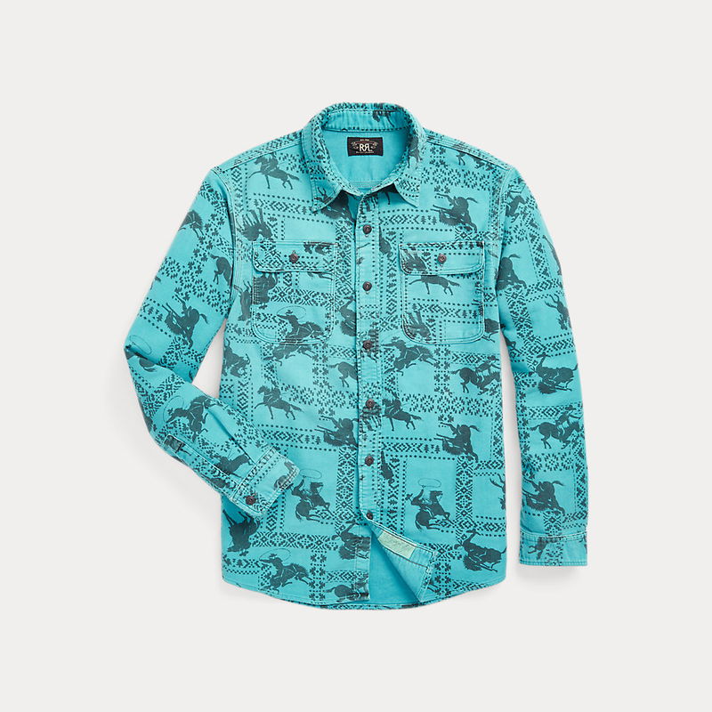 RALPH LAUREN RRL Western-Print Moleskin Workshirt in Blue | endource