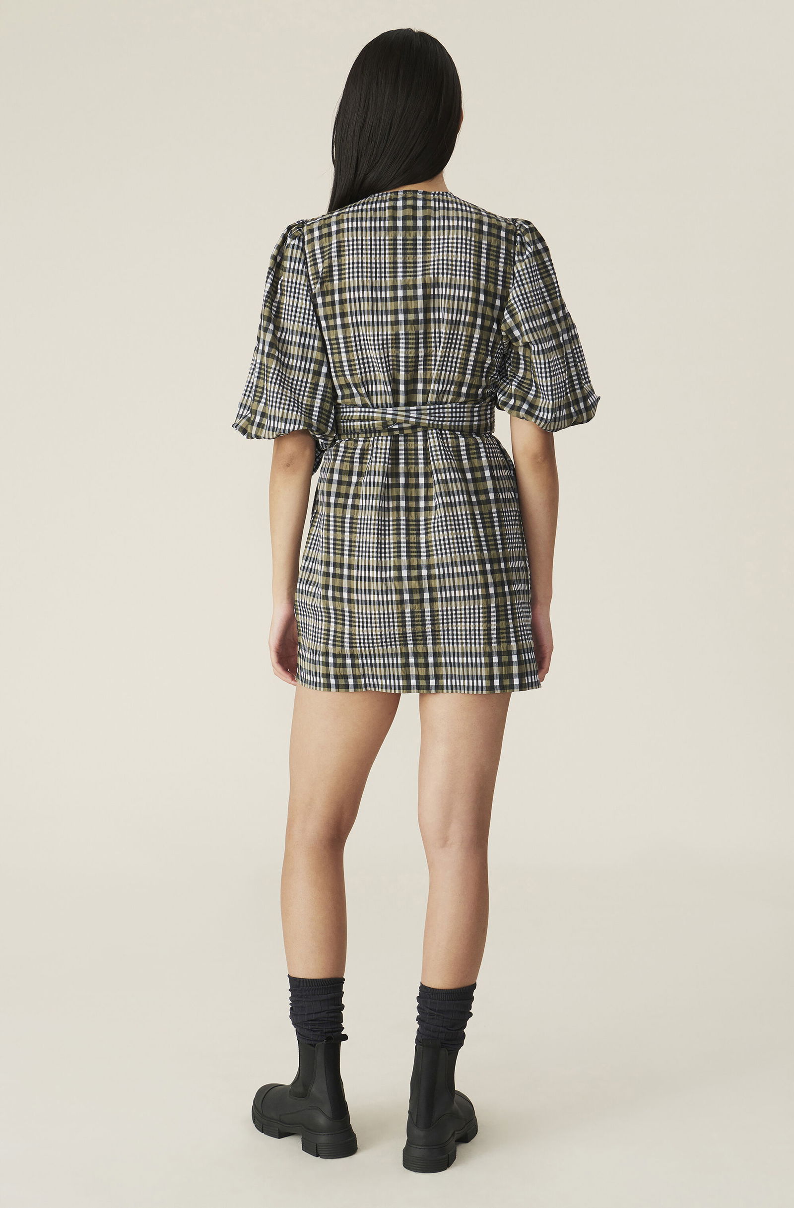 white christmas dresses Seersucker Check Wrap Mini Dress in Gingham Starfish – SVRN