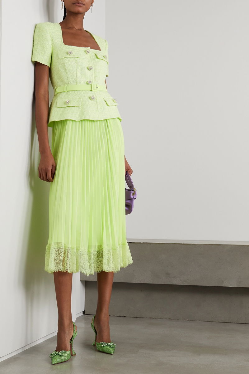SELF-PORTRAIT Belted Embellished Boucl and Lace-Trimmed Pleated Chiffon Midi Dress | endource SELF-PORTRAIT Belted Embellished Boucl and Lace-Trimmed Pleated Chiffon Midi Dress | endource