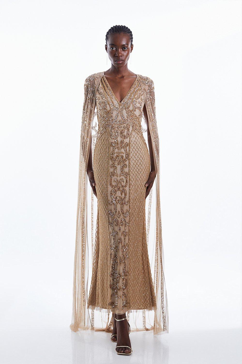 gold cape dress Jluxlabel Draped Elegance Cape Dress