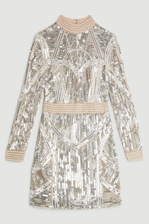 KAREN MILLEN Petite Pearl Embellished Open Back Maxi Dress in Silver