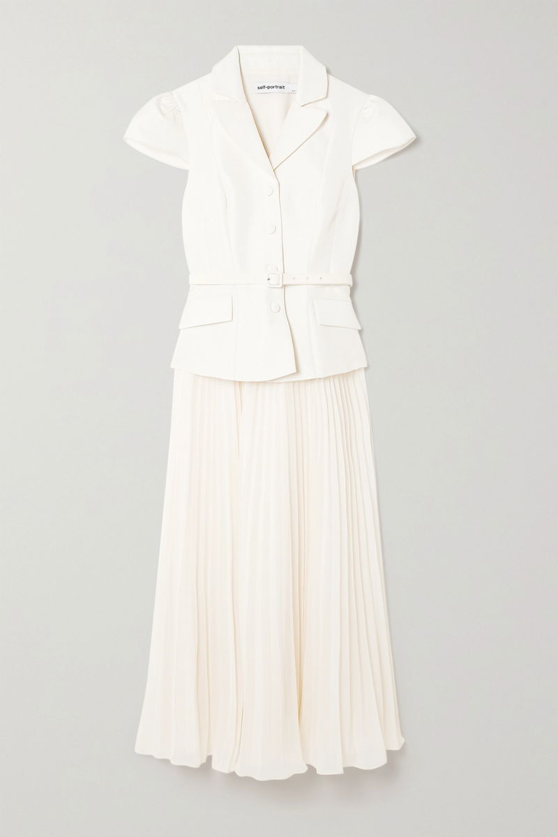 SELF-PORTRAIT Belted Cloqu And Pleated Chiffon Midi Dress | endource SELF-PORTRAIT Belted Cloqu And Pleated Chiffon Midi Dress | endource