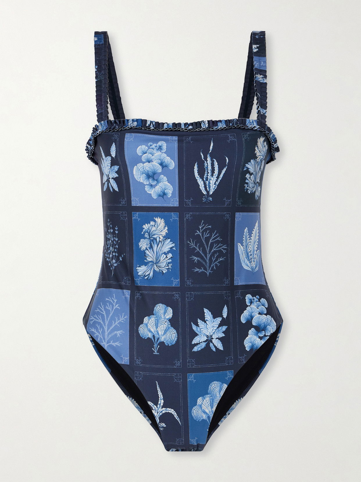 AGUA BY AGUA BENDITA Limón Algae Ruffled Floral Swimsuit in Blue | Endource