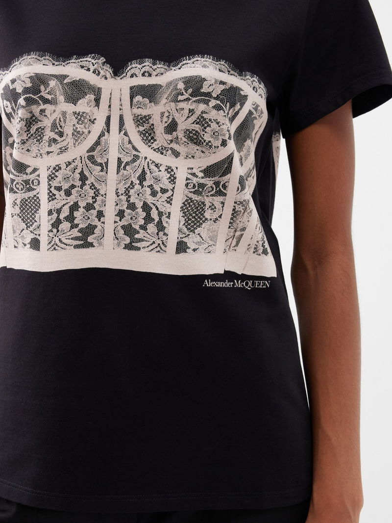 ALEXANDER MCQUEEN Lace Bustier-Print Cotton T-Shirt endource