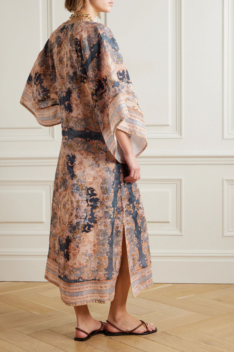 zimmermann august printed linen midi dress Zimmermann Cream Floral Print Linen August Tie Midi Dress L Zimmermann
