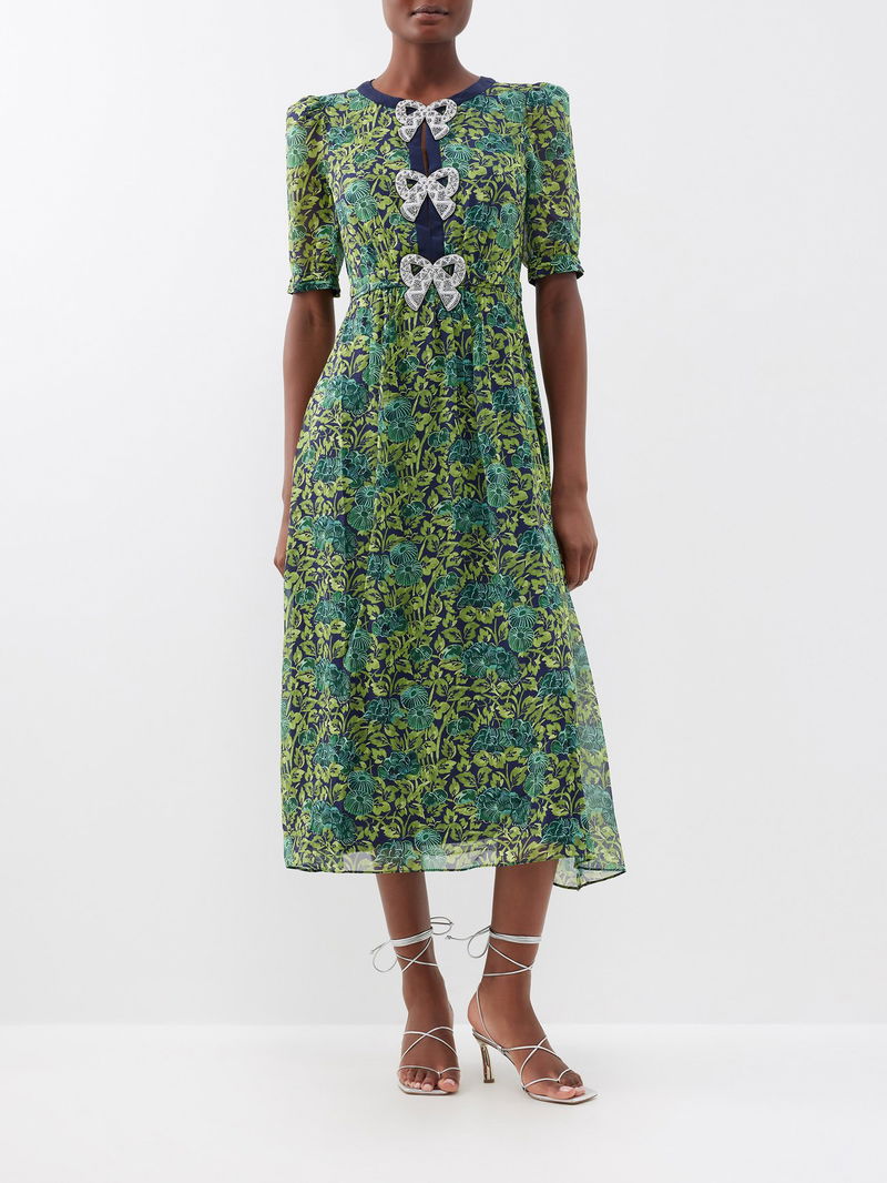 SALONI Jamie Crystal-Bow Silk Midi Dress | endource