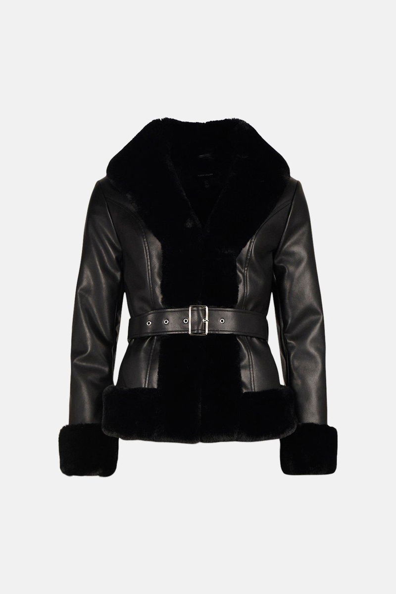 KAREN MILLEN Faux Fur Pu Belted Short Coat endource