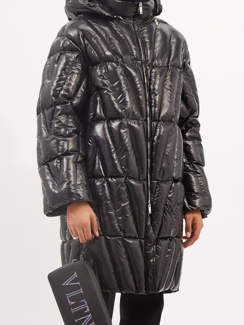 Valentino Glossy Quilted-Shell Hooded Jacket in Black