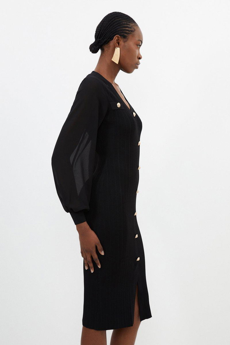 KAREN MILLEN Petite Viscose Blend Rib Knit Chiffon Sleeve Midi Dress |  endource