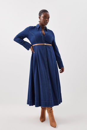 KAREN MILLEN Denim Woven Maxi Shirt Dress in Denim