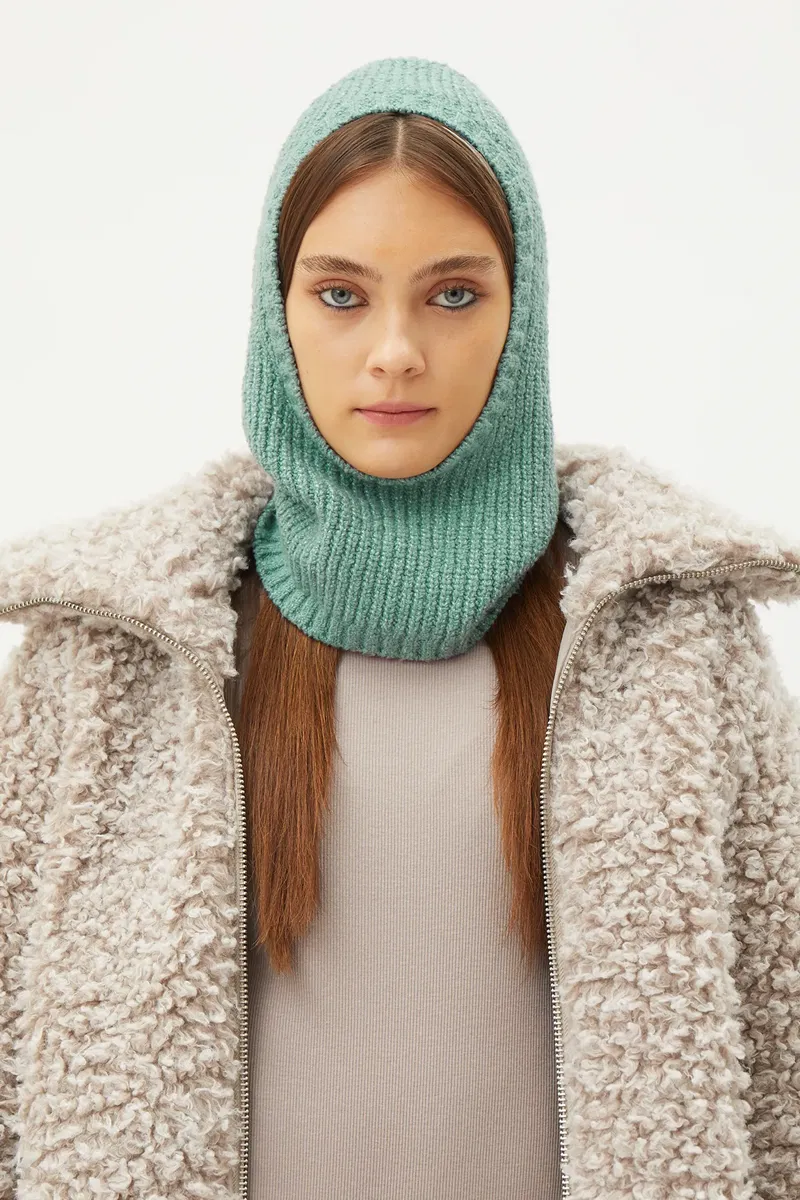 Weekday Disa knit balaclava hood in dusty teal