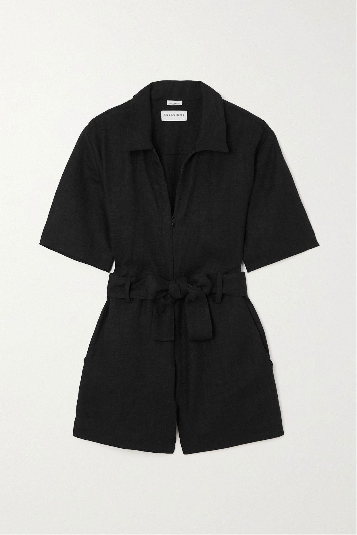RIVET UTILITY Influencer Belted Linen Playsuit in Black Endource