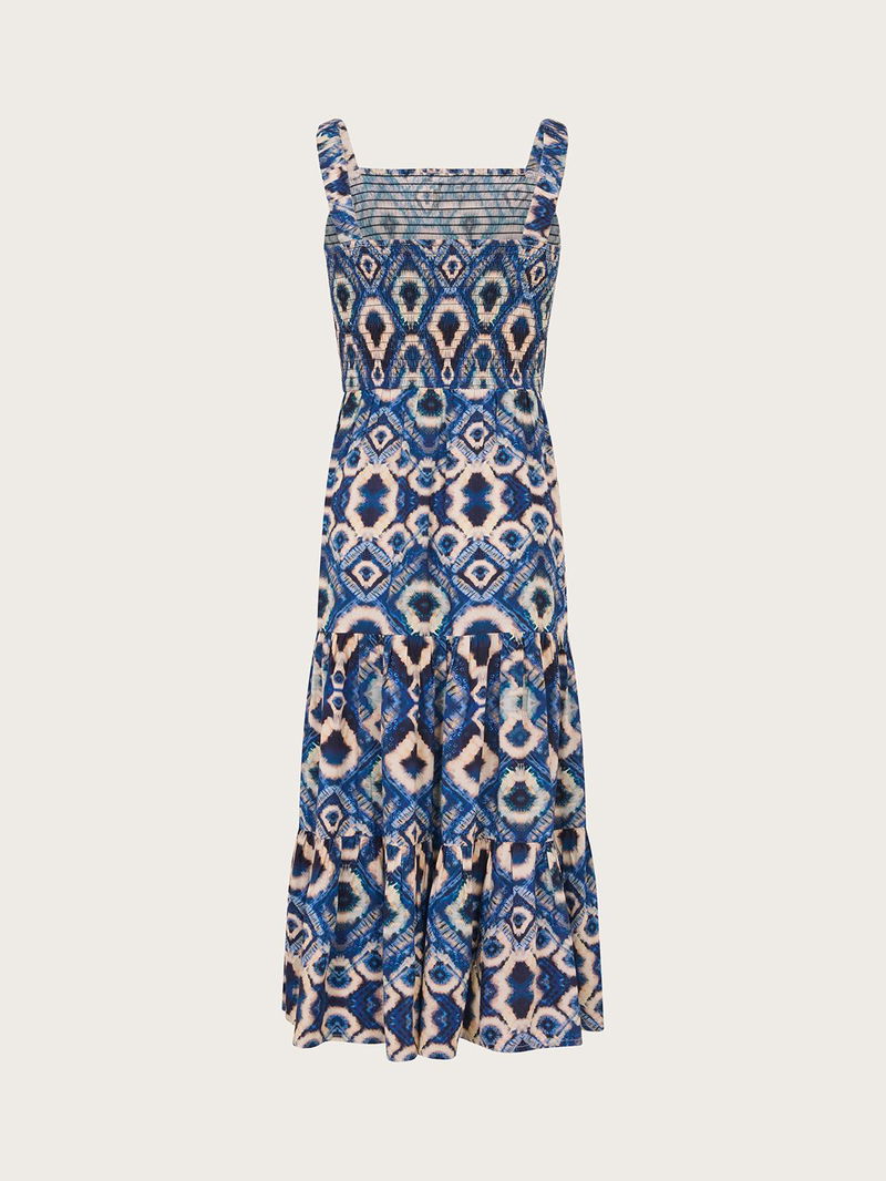 Monsoon Storm Batik Shirred Tiered Maxi Dress in Blue | Endource