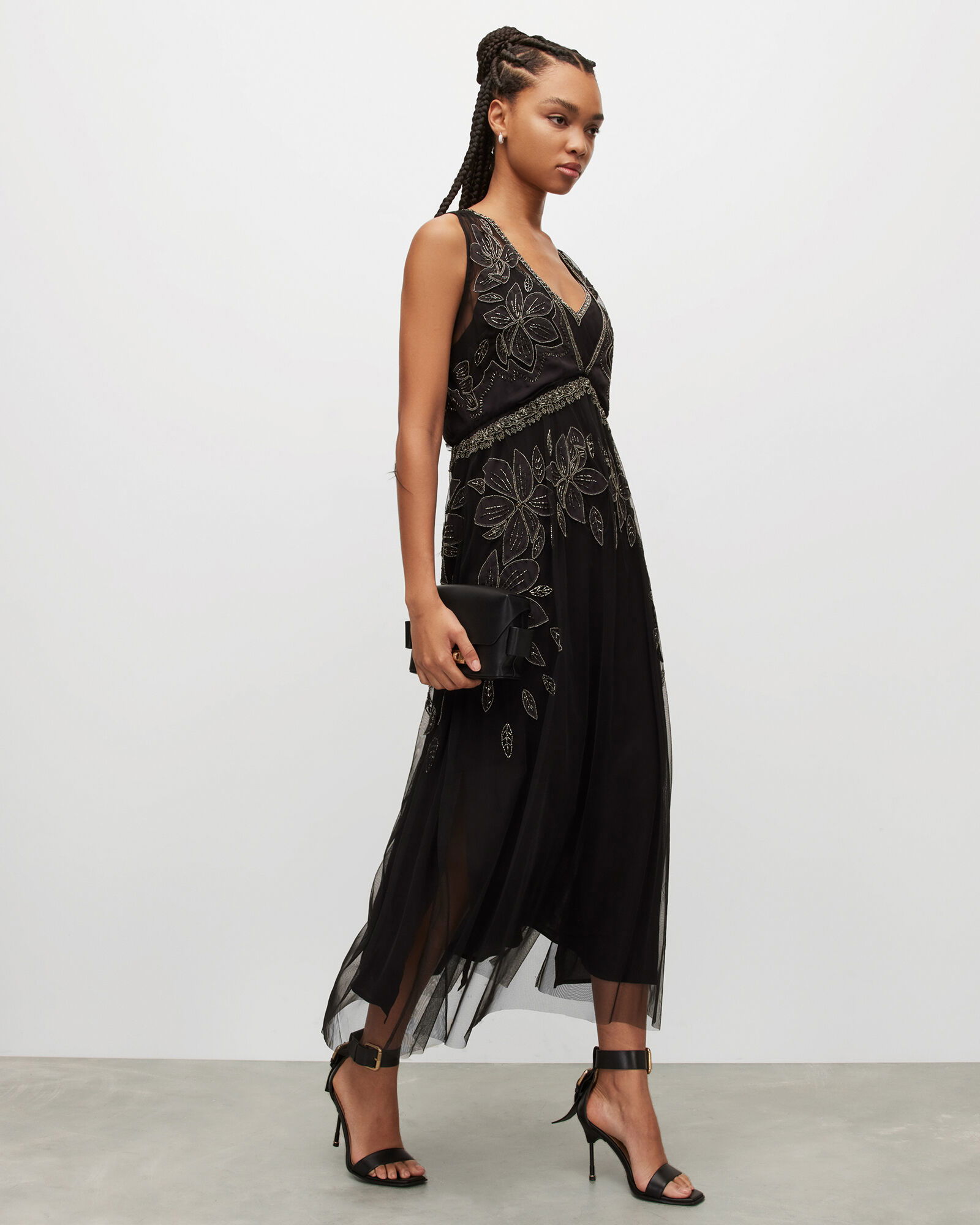 laia embroidered maxi dress Allsaints Mesh Laia Maxi Dress With Floral Embroidery In Multi