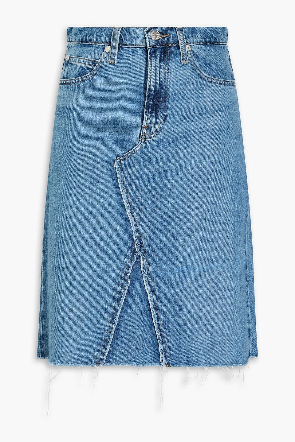 Mid-Length Denim Skirt With Frayed Hem, Washed Finish