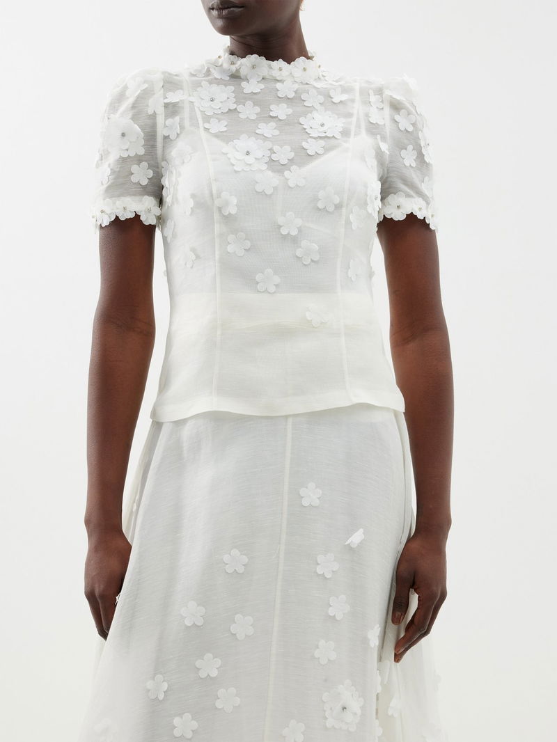 White Matchmaker daisy-appliqué linen-blend midi dress, Zimmermann