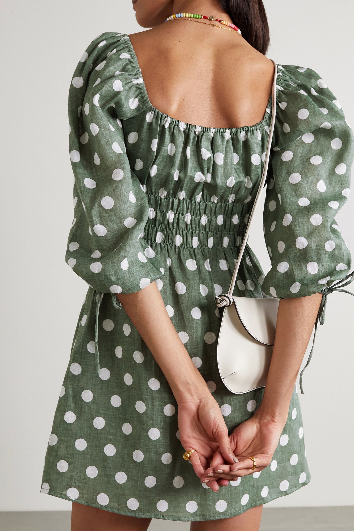 FAITHFULL Armina Shirred Polka-Dot Linen Mini Dress | endource FAITHFULL Armina Shirred Polka-Dot Linen Mini Dress | endource