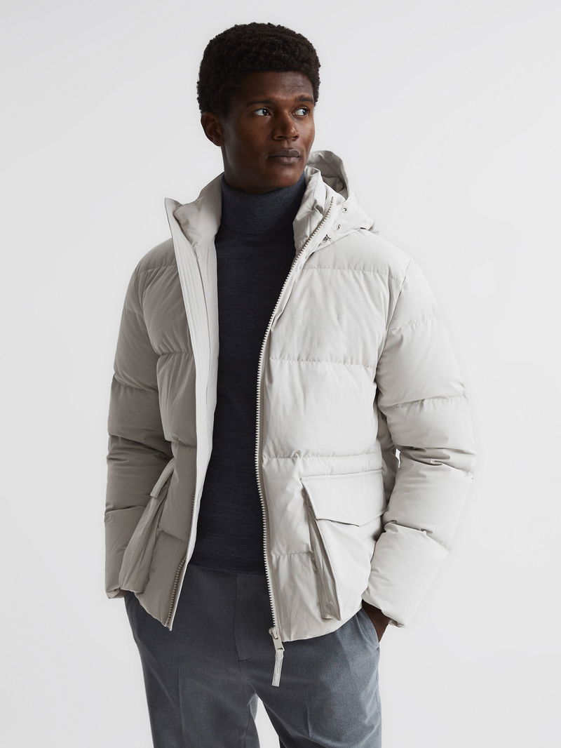 REISS Ryder Short Puffer Jacket in Stone | Endource