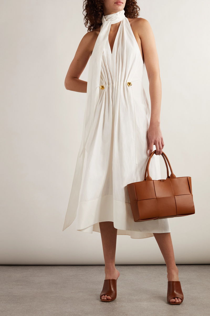 BOTTEGA VENETA Embellished Tie-Detailed Crinkled Woven Halterneck Midi Dress  | endource
