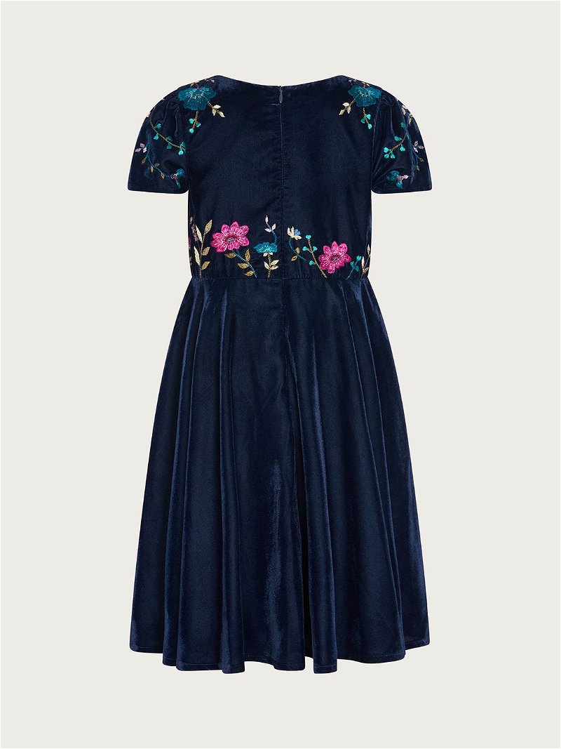 Monsoon Kids' Vera Floral Embroidered Velvet Party Dress in Navy
