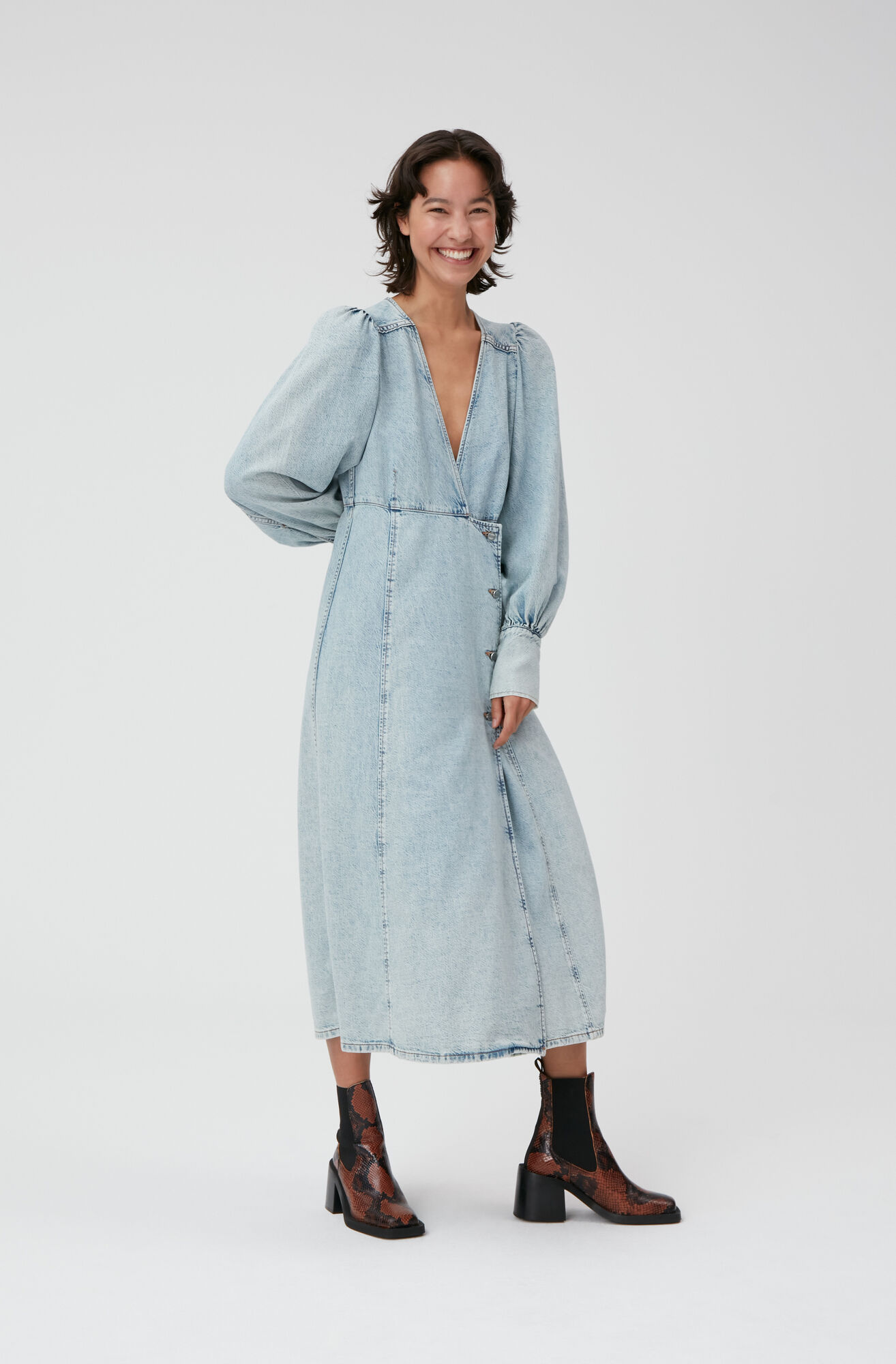 white christmas dresses Mid Blue Stone Tapestry Denim Mini Dress