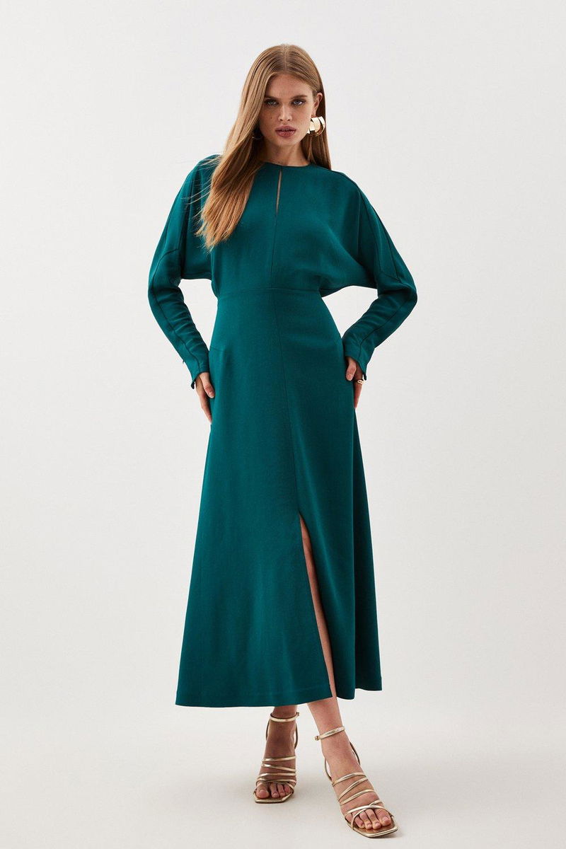 AMALFI SOLID GREEN TEXTURED RAYON CREPE MIDI LENGTH SUMMER DRESS WITH  EMBROIDERED SLEEVES AND NECK