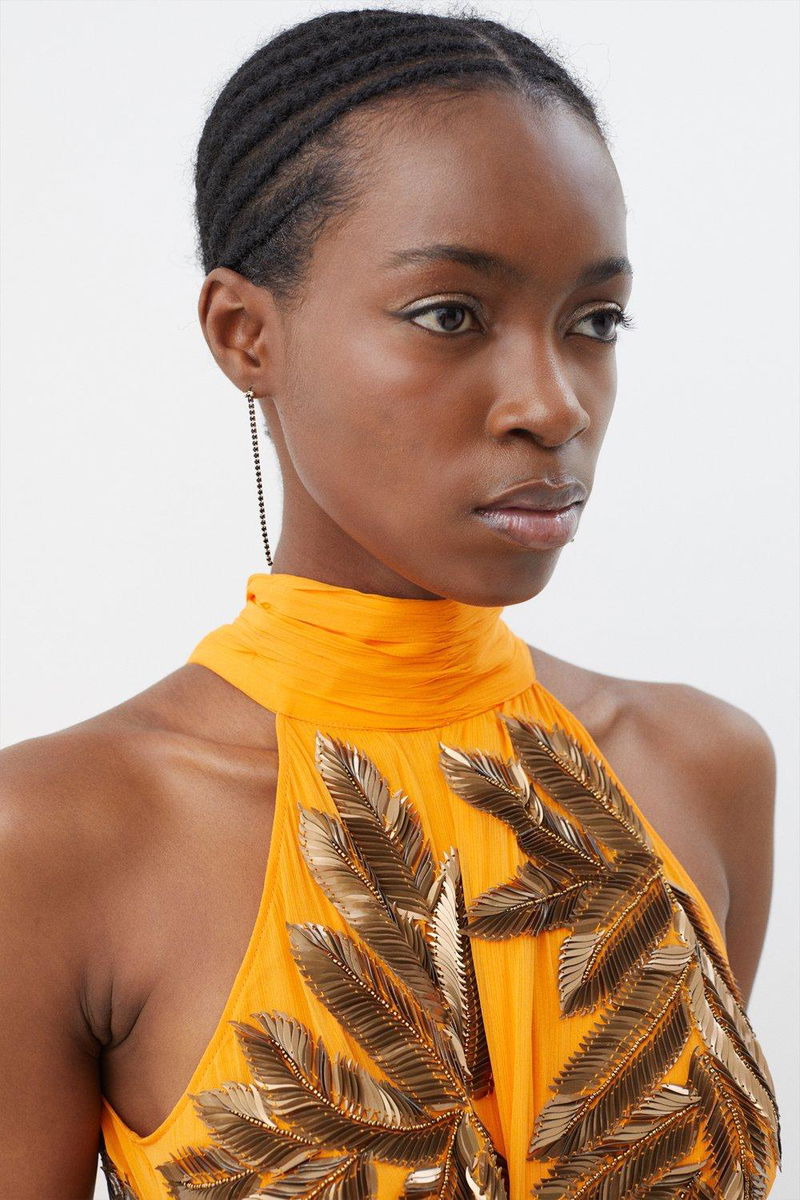 KAREN MILLEN Halter Neck Feather Sequin Detail Woven Maxi Dress