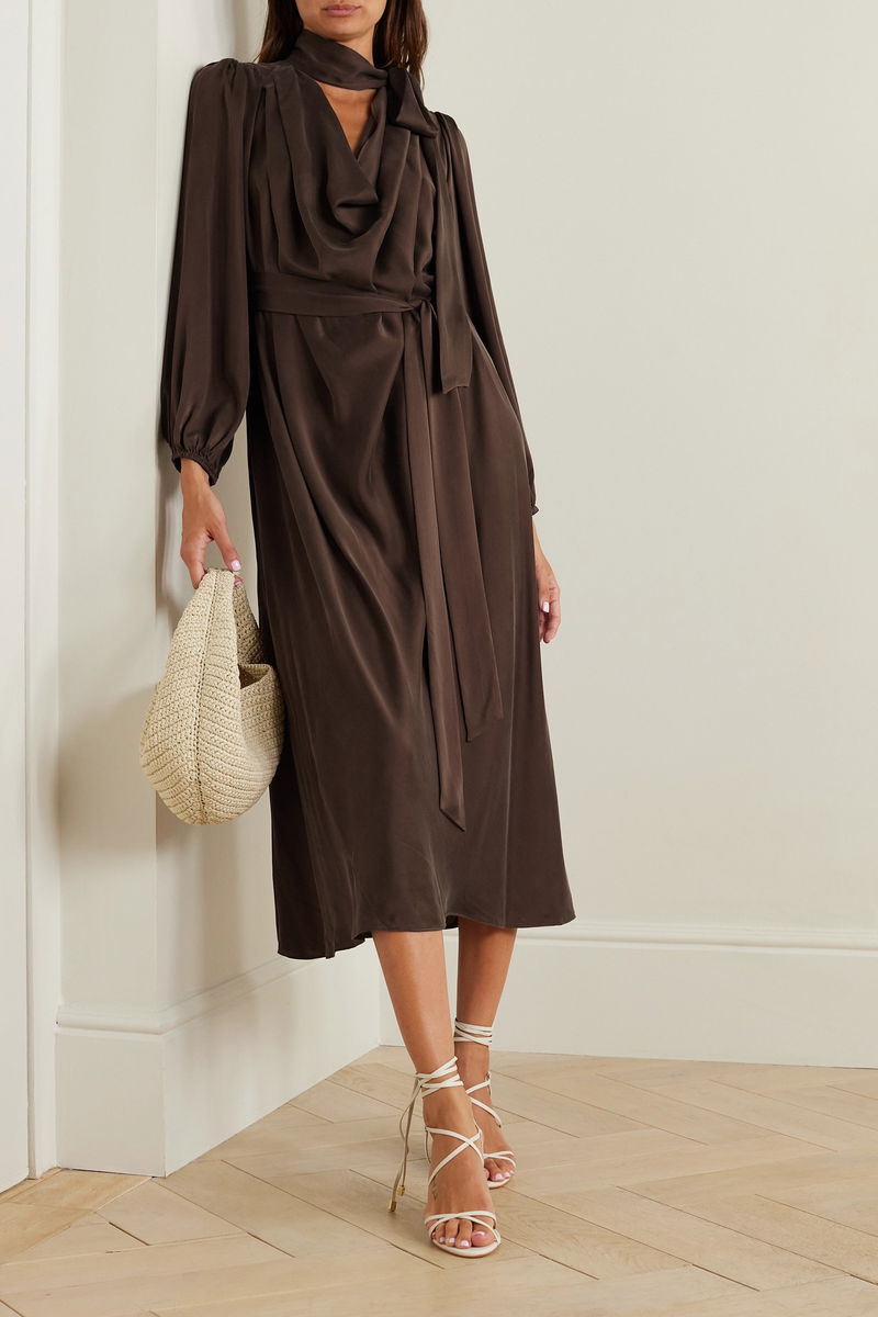 ZIMMERMANN Billow Pussy-Bow Belted Silk-Satin Midi Dress | endource