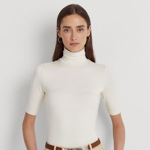 Cream-colored Ralph Lauren short-sleeve turtleneck worn by a model.