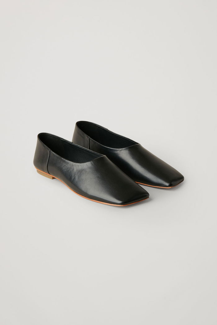 COS Square Toe Leather Ballerina Shoes in Black | Endource