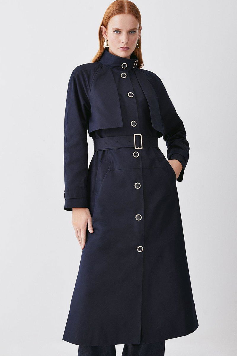 KAREN MILLEN Storm Flap Belted Trench Coat in Navy | Endource