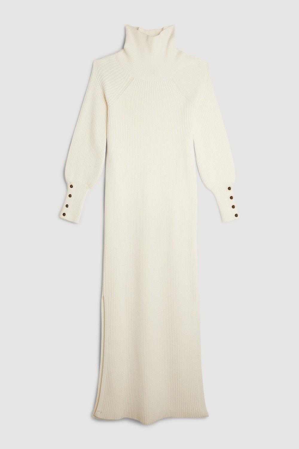 Karen Millen Viscose Blend Funnel Neck Cable Knit Maxi Dress In Ivory