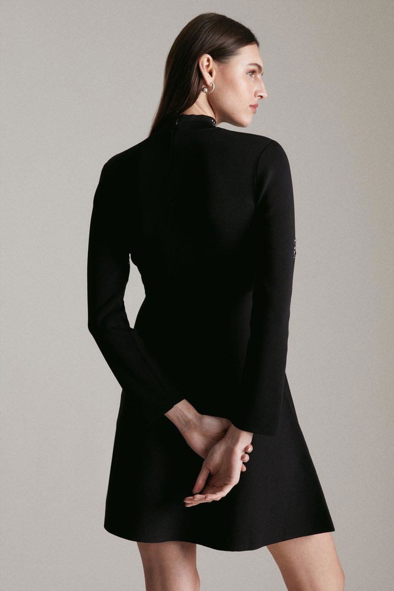 karen millen knitted skater dress KAREN MILLEN Viscose Blend Rib Knit Military Trim Skater Dress