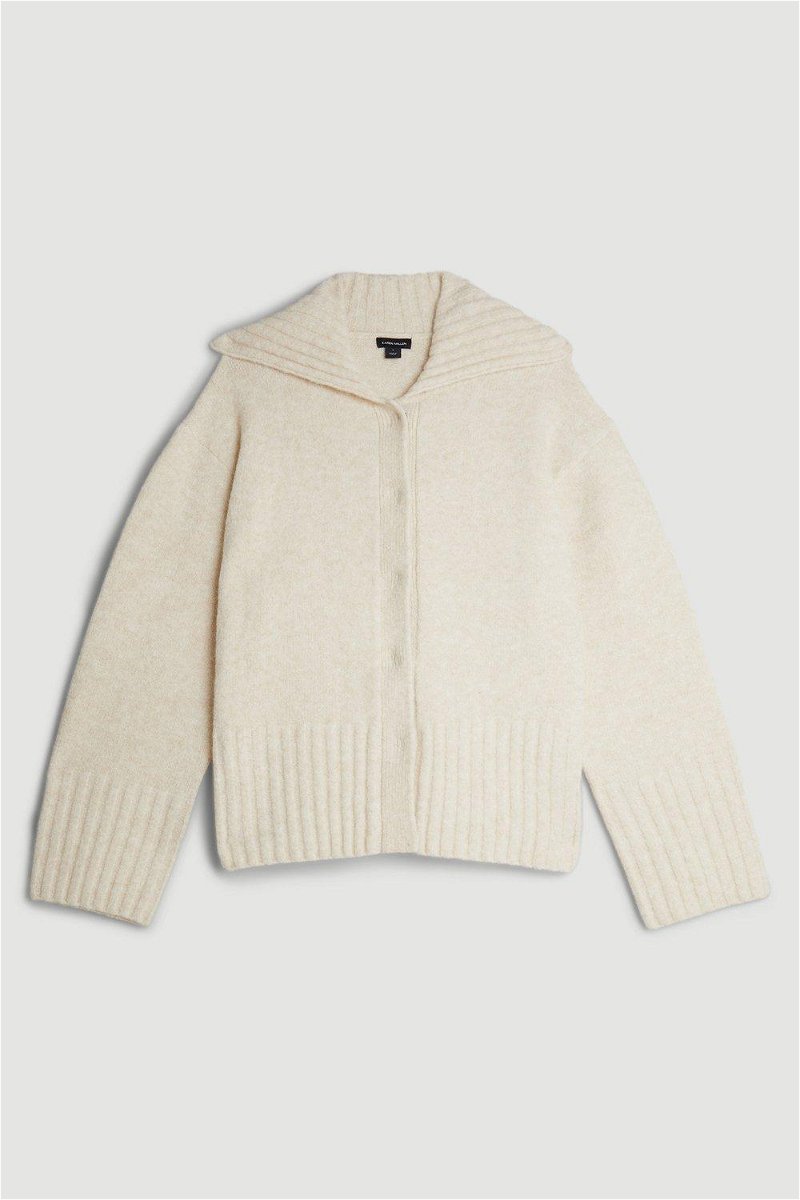 KAREN MILLEN Wool Blend Lofty Knit Wool Collared Cardigan in Ivory