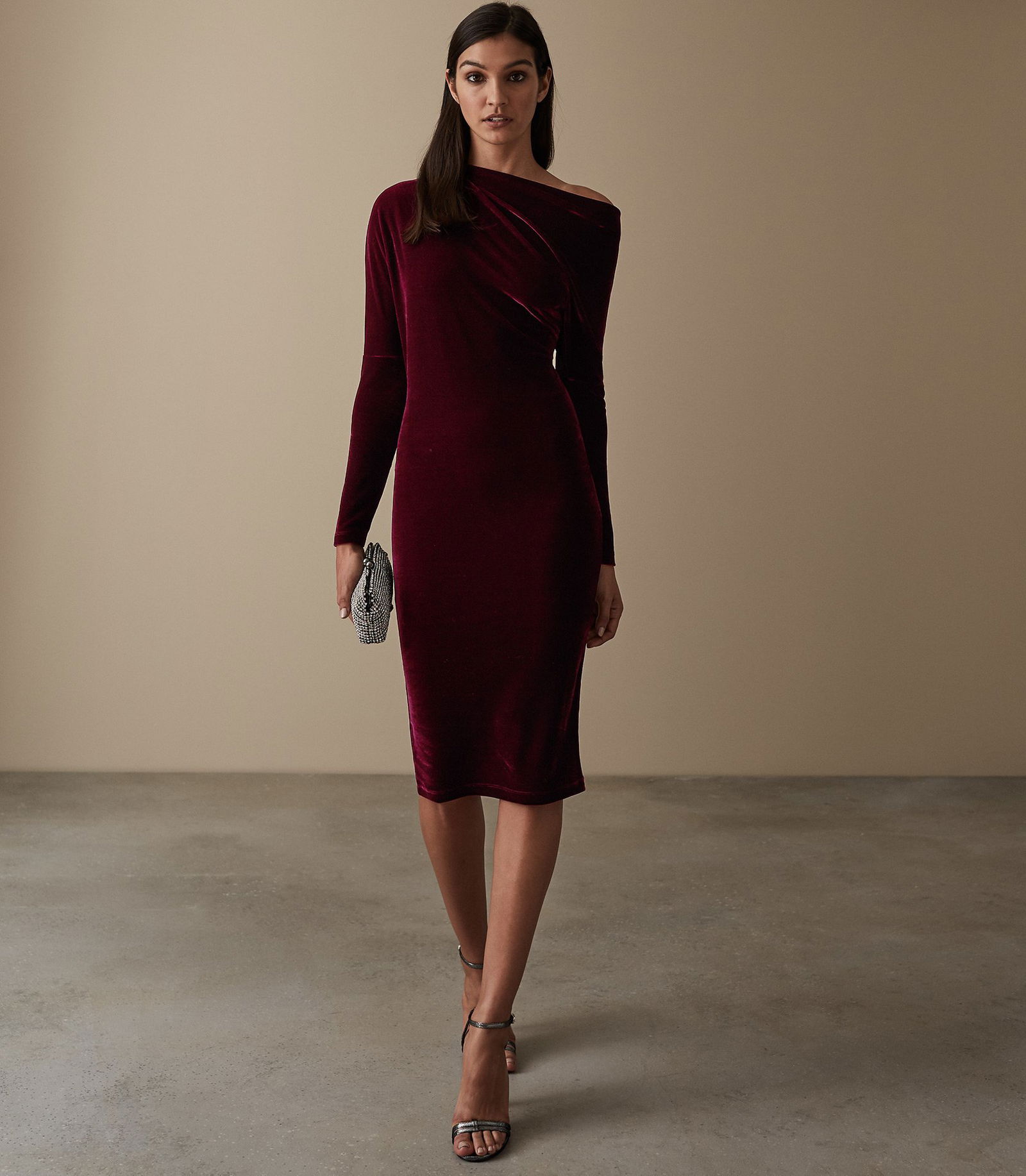 reiss burgundy velvet dress Elsa Drape Detail ribbed knit APIECE APART Godet Mini Size:9.5 UK Defined by soft draping
