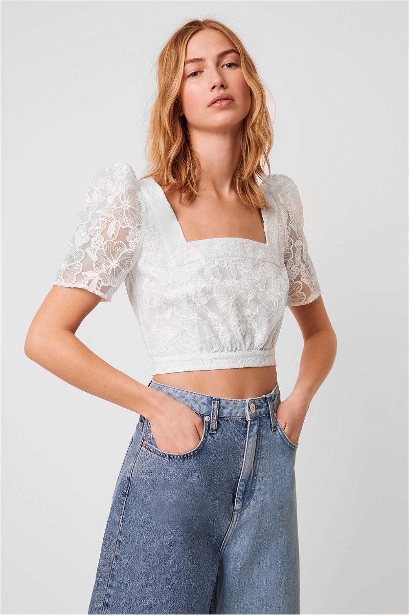 White Lace Tie Front Long Sleeve Crop Blouse