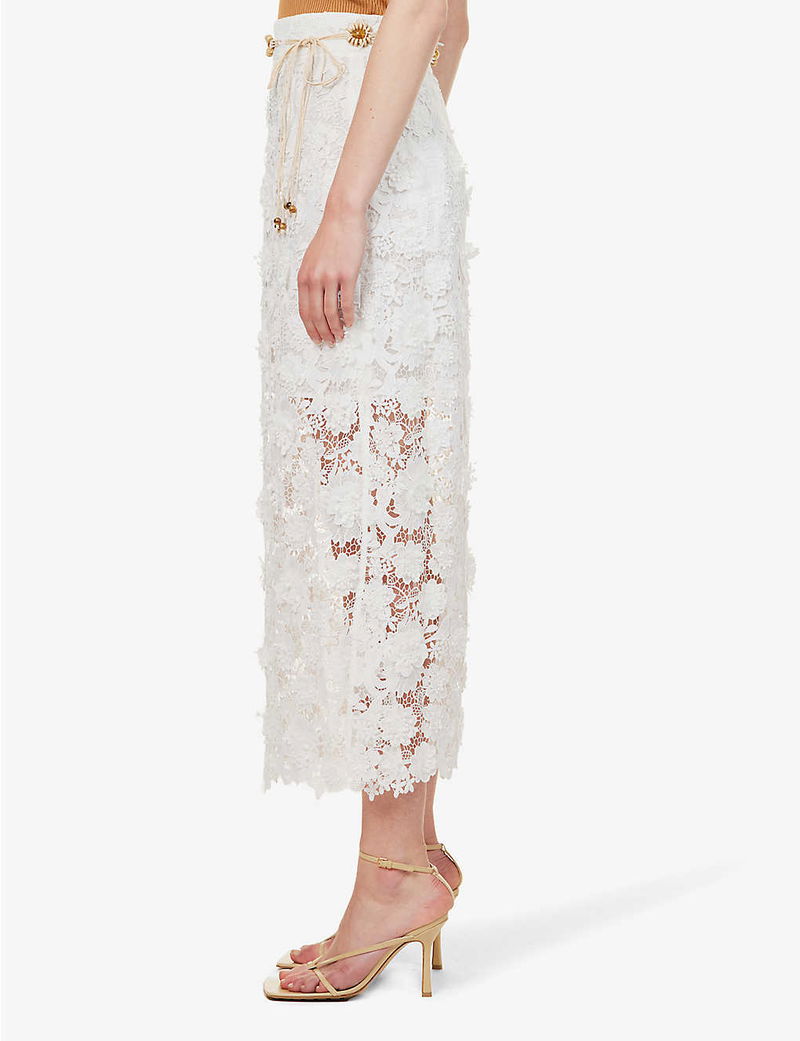 ZIMMERMANN Raie Beaded-Belt Floral-Lace Midi Skirt endource