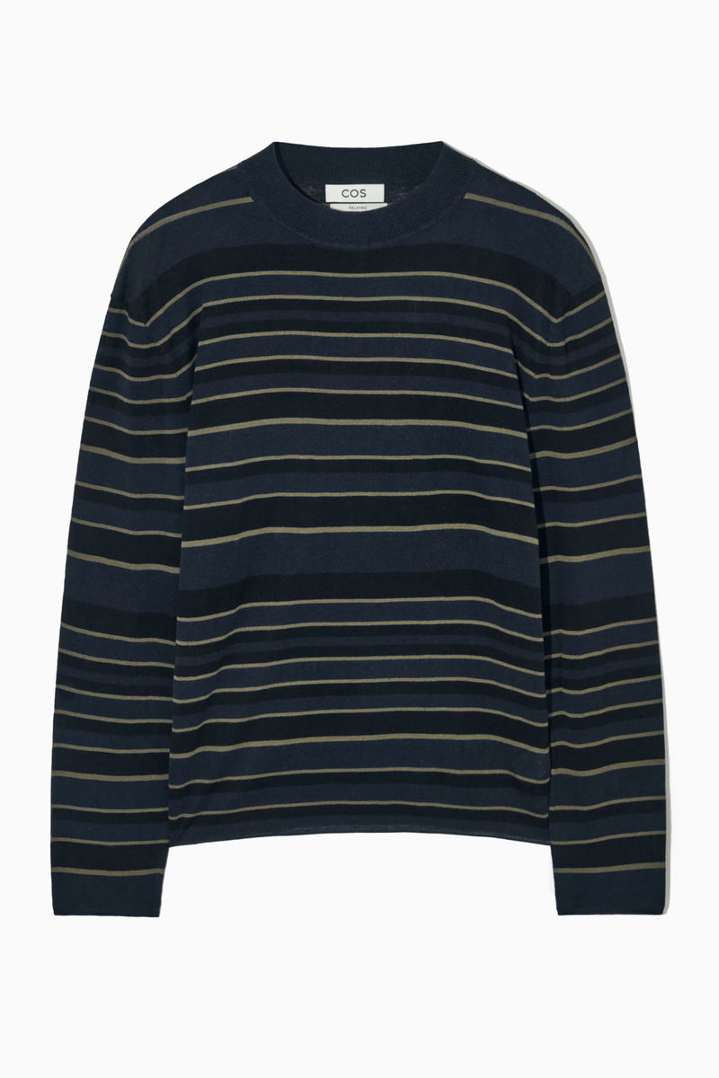 COS Striped Knitted Long-Sleeved T-Shirt in NAVY / STRIPED