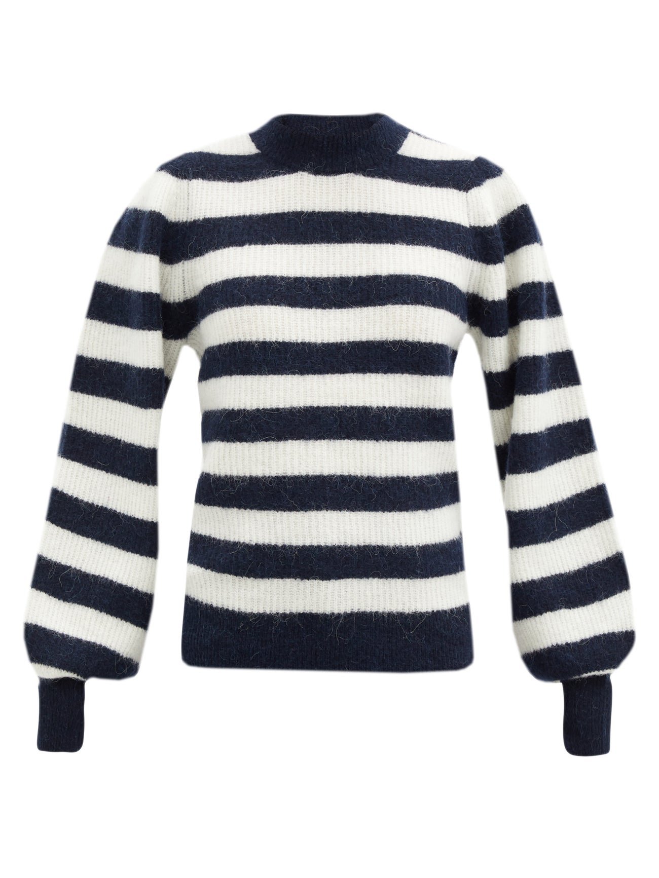 GANNI Striped Balloon-Sleeve Wool-Blend Sweater in Navy, white | Endource