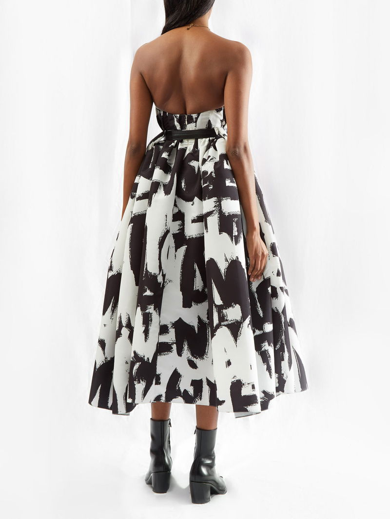 ALEXANDER MCQUEEN Graffiti-Logo Print Strapless Taffeta Dress